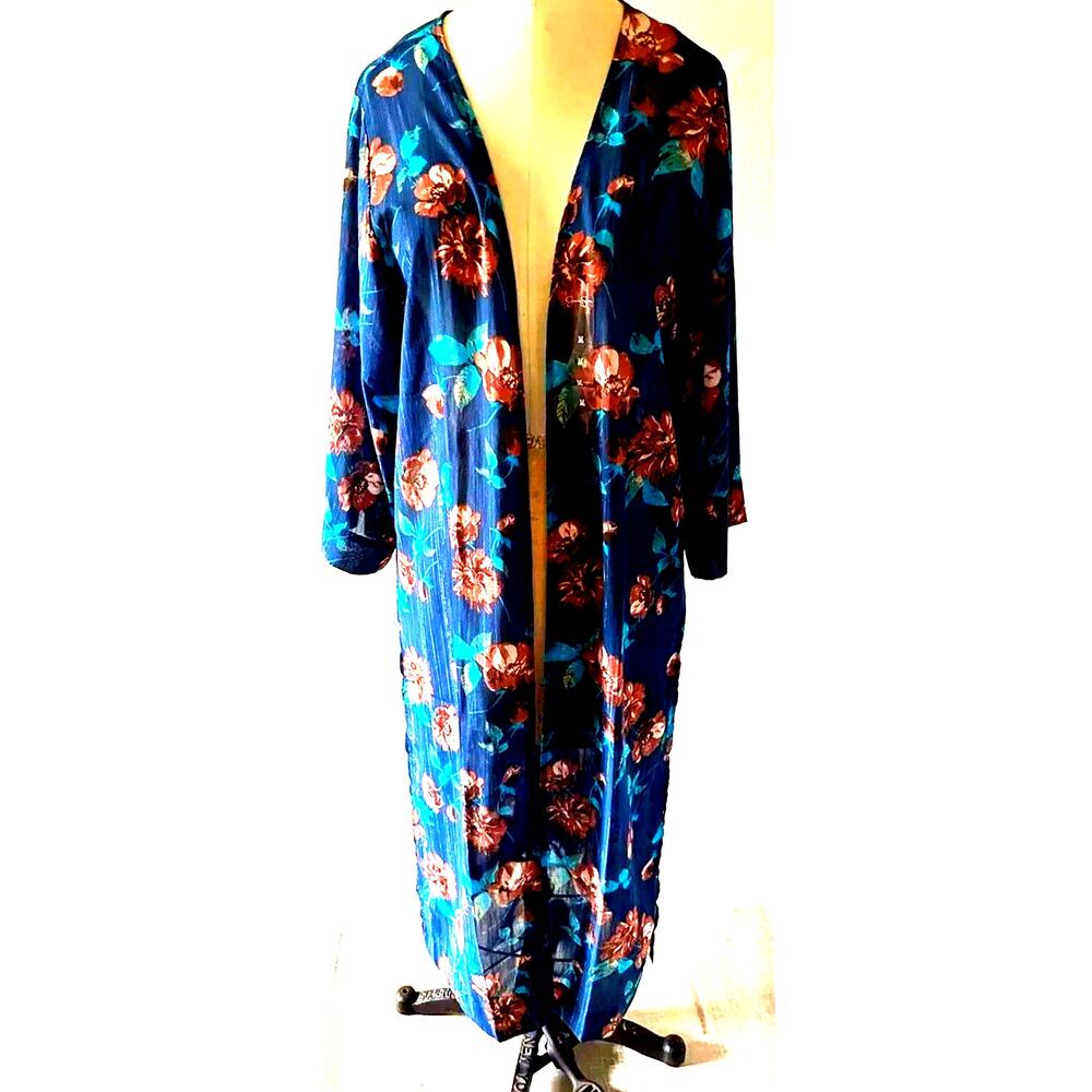 floral long duster Kimono XL Plus Sheer Blue Coverup Boho Fairy y2k 90s resort